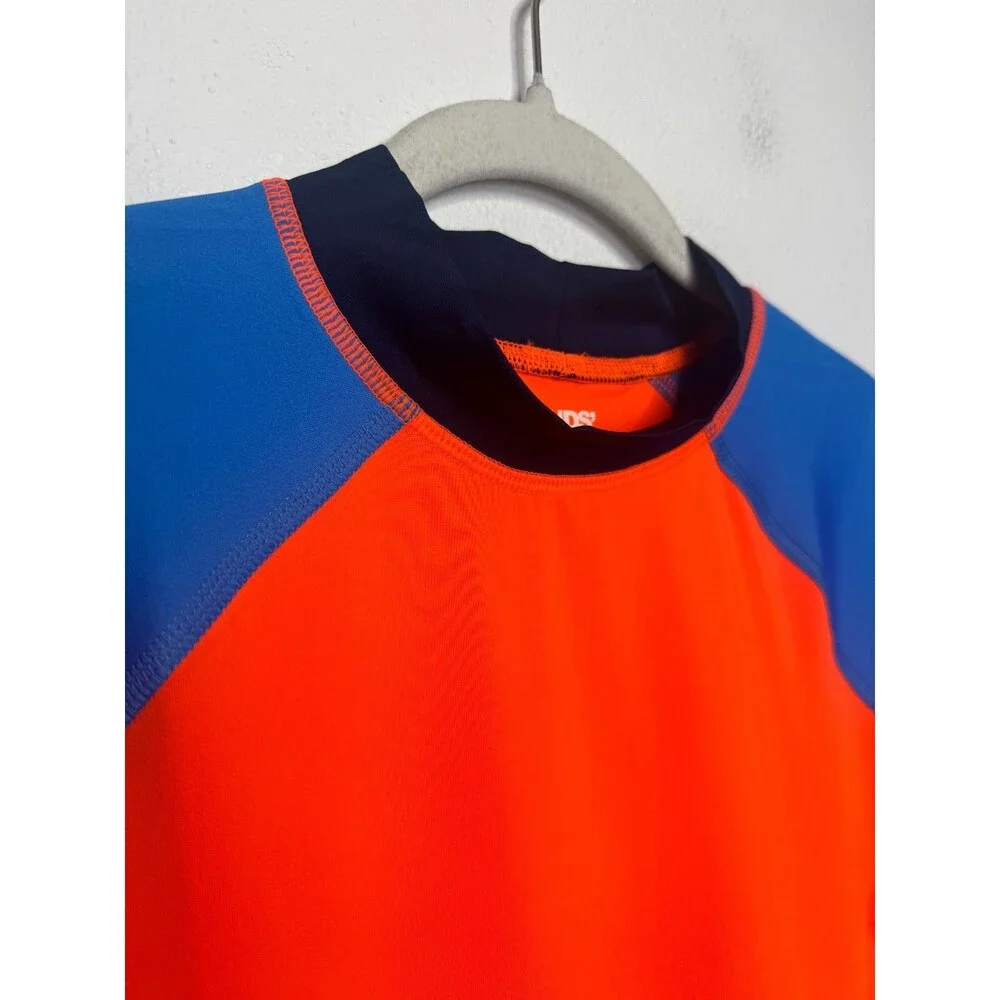 Lands’ End Boys XL Husky Rash Guard Colorblock Orange Blue Short Sleeve Swim Top